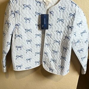 Crown & Ivy Quilted Jacket - Light Blue with navy Bows, reverses to blue plaid.